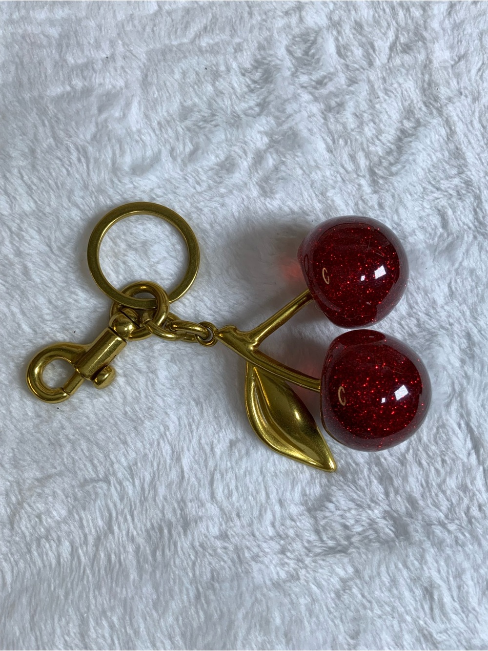 Gold Cherry Keychain with Red Glitter Charms